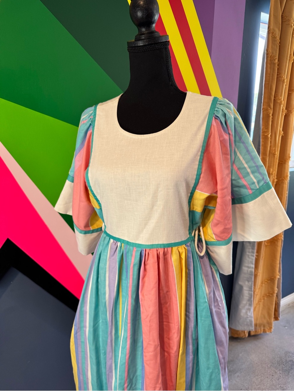 Vintage Mai Honolulu Pastel Rainbow  Stripe Prairie Maxi Dress Cottagecore 1970s